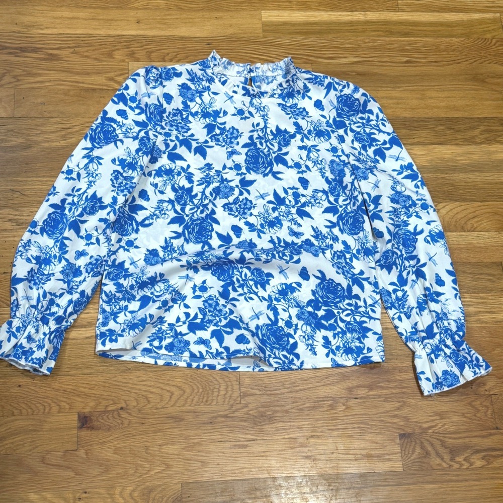 Blue White Floral Toile High Ruffle Neck Blouse Smocked Cuff XS US 2